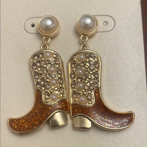 Unbranded Rhinestone Faux Pearl Gold and Brown Cowboy Boot  Earrings New - Picture 4 of 6
